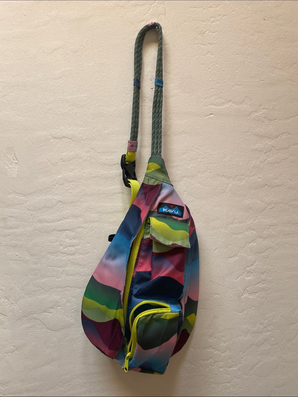 Kavu Multicolor Sling Pack with Blue Pink Green Accents